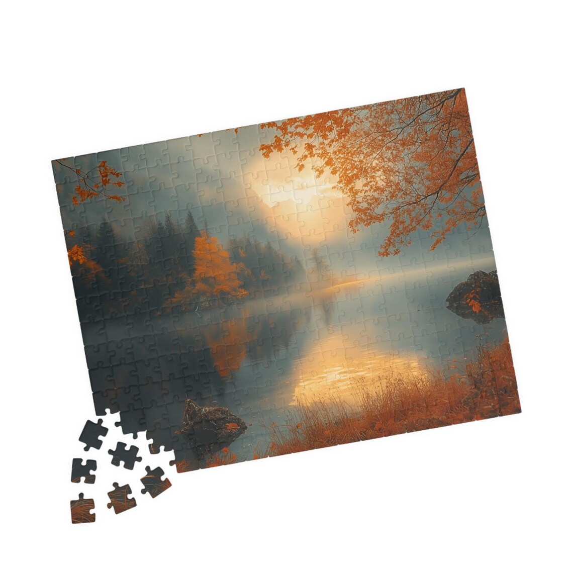 Autumn Lake at Sunset Misty Golden Reflections Landscape Art Poster - Image 4