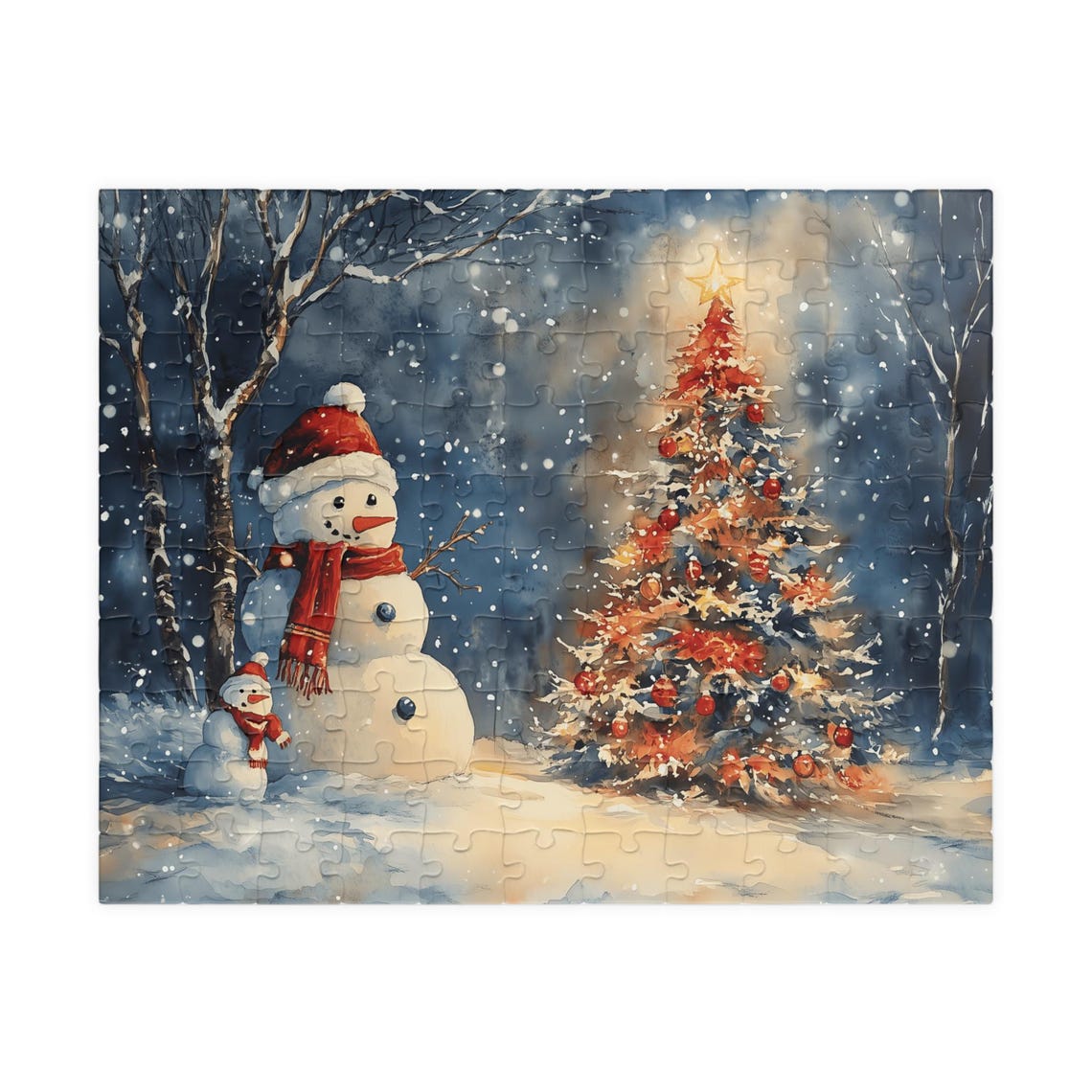 Two Snowmen Beside A Decorated Christmas Tree At Night Art Print - Image 5