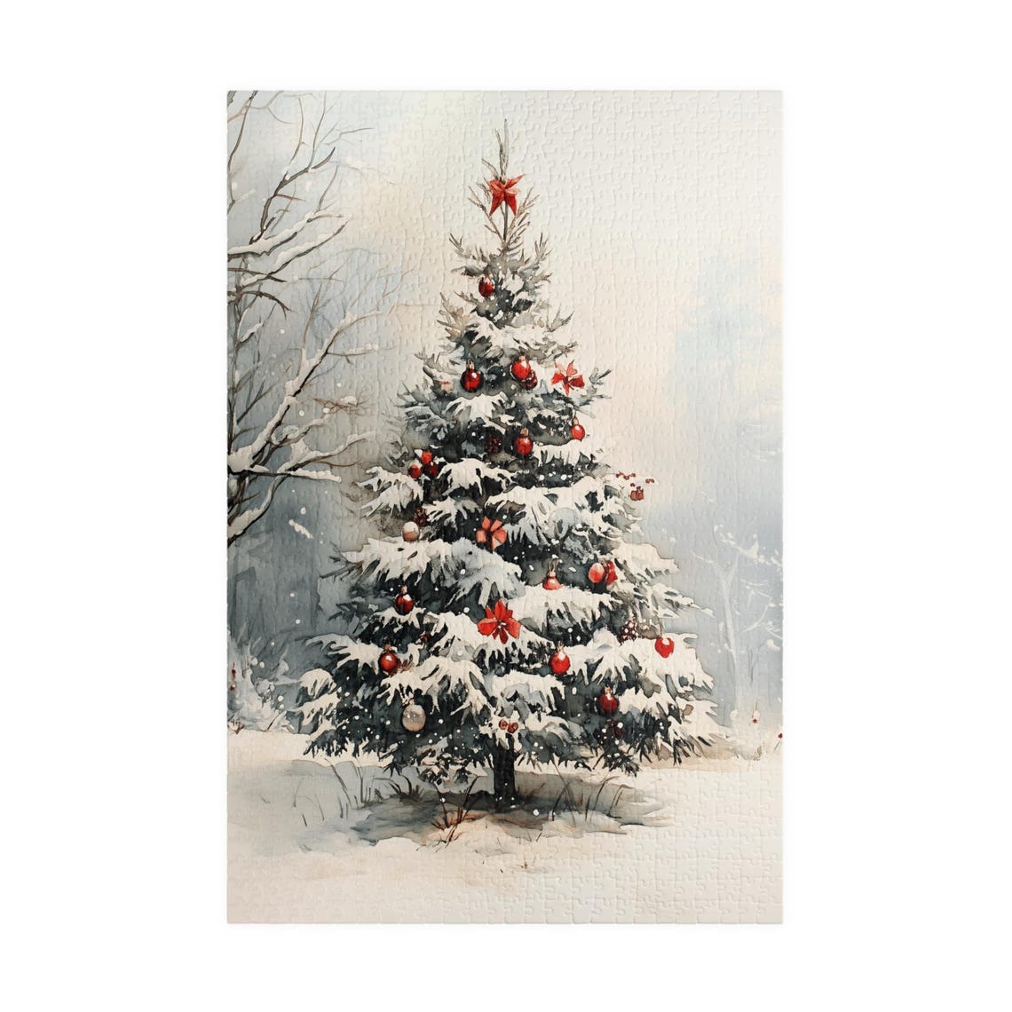 Snow Covered Christmas Tree With Red Ornaments Winter Art Poster - Image 3