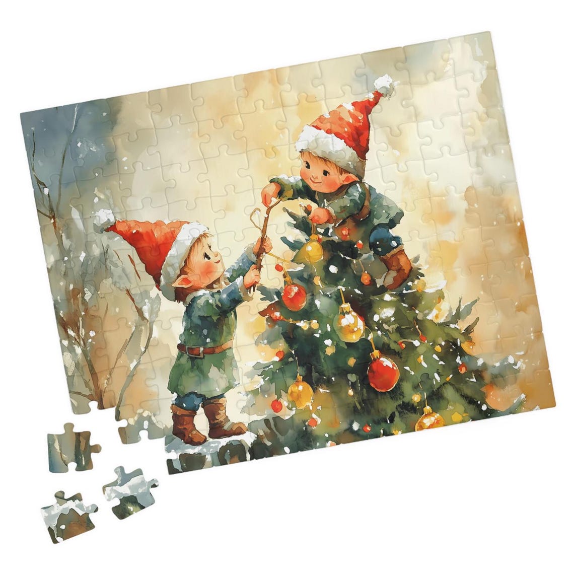 Two Sweet Elves Decorating A Small Christmas Tree Watercolor Print