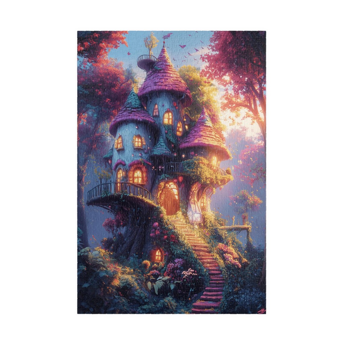 Whimsical Fairy Castle Treehouse With Glowing Windows Art Print - Image 3