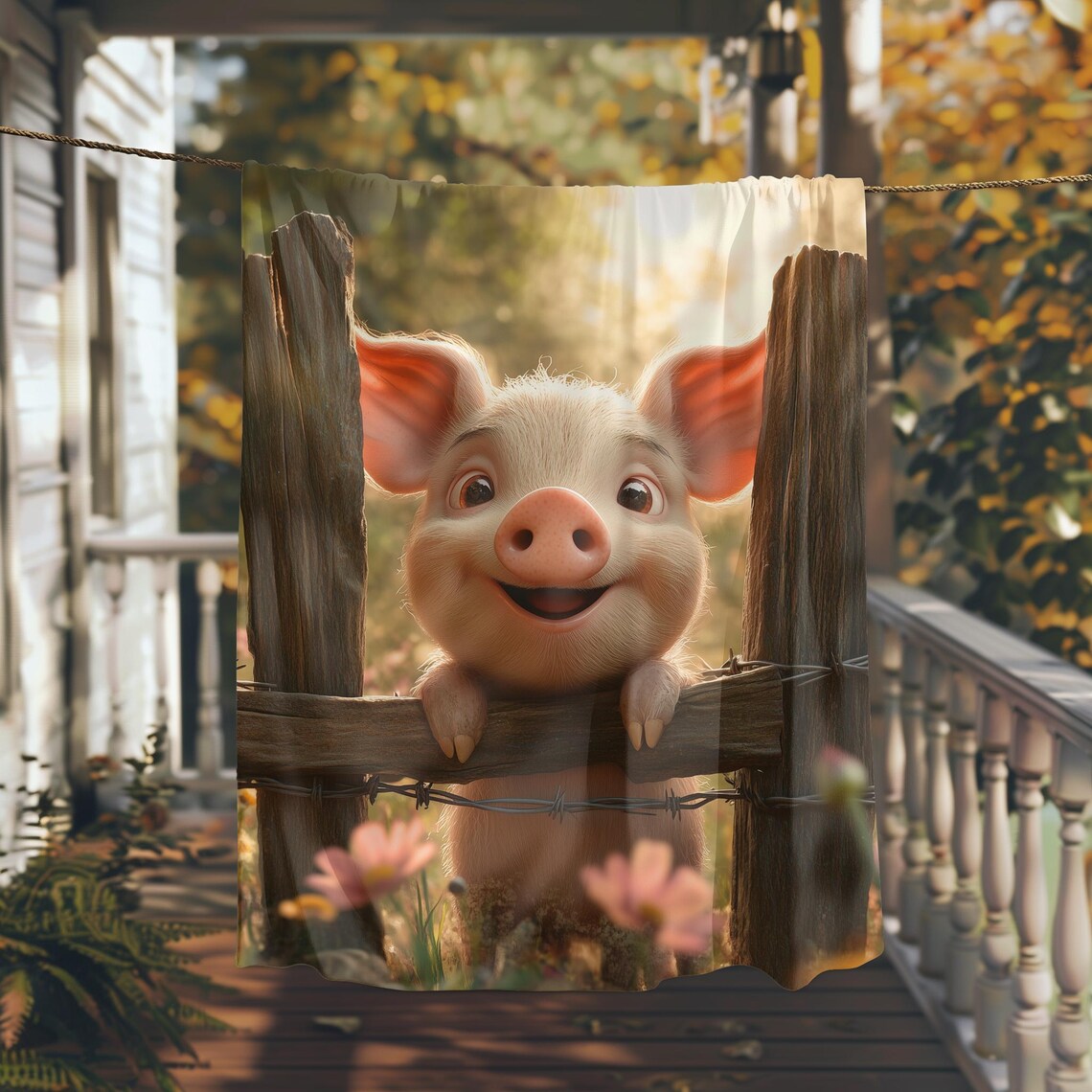 Happy Little Pig Peeking Over a Rustic Wooden Fence Farm Poster