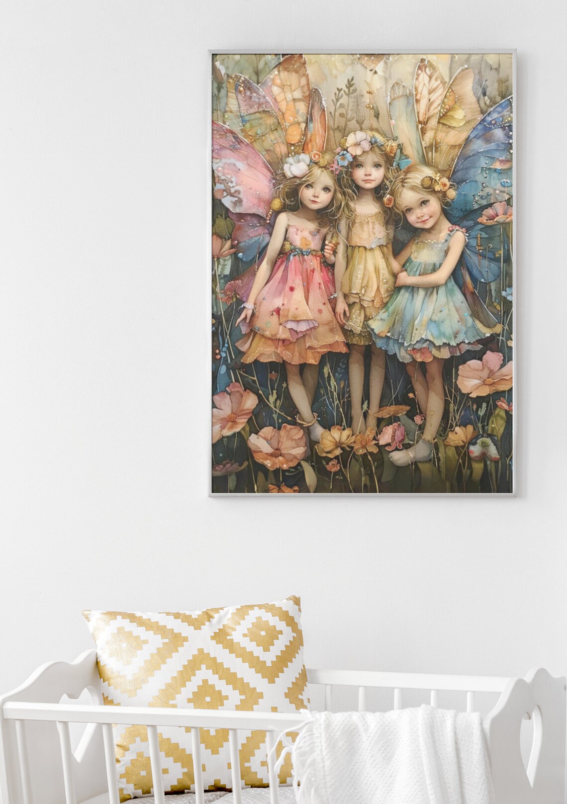 Three Little Pastel Fairies Among Wildflowers Watercolor Poster - Image 2