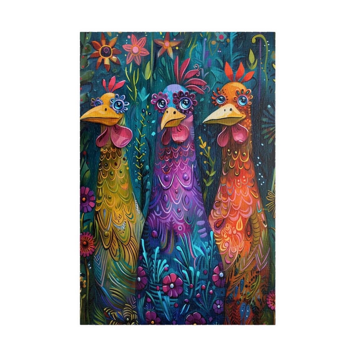 Three Fancy Whimsical Chickens With Jewel Tone Feathers Fun Art Poster - Image 3