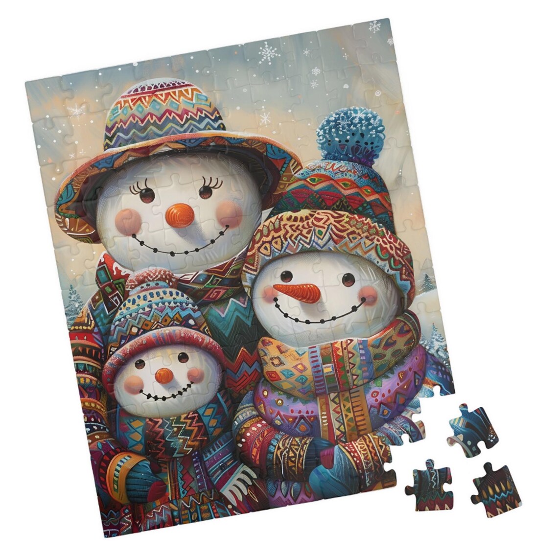 Three Cheerful Snowmen In Colorful Winter Knitwear Art Poster