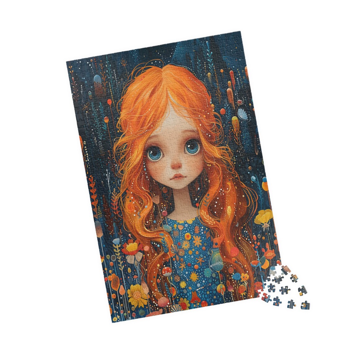 Girl with Orange Hair and Blue Eyes Whimsical Folk Art Portrait Poster - Image 4