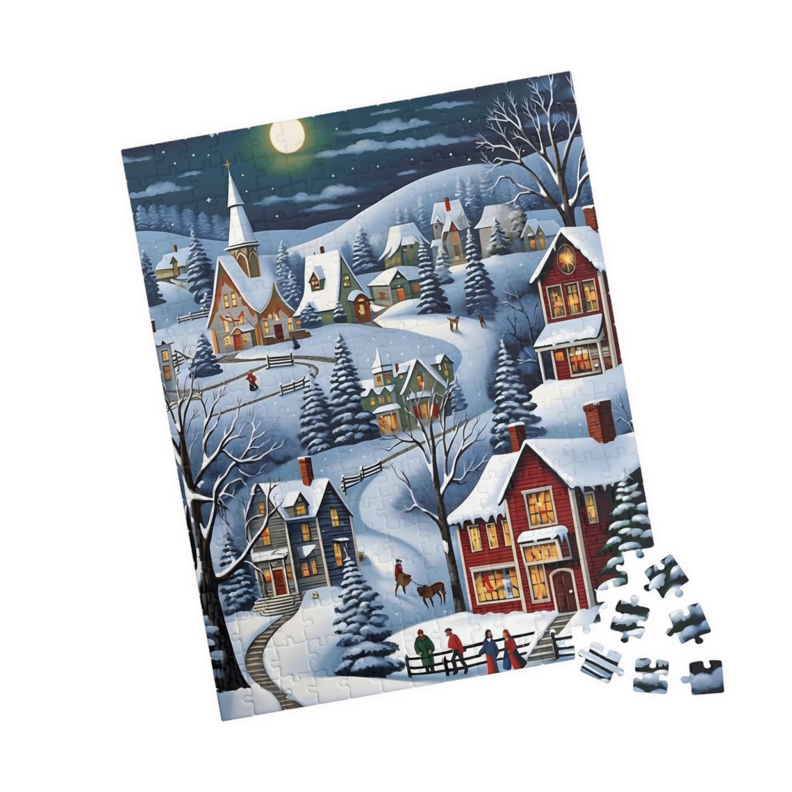 Moonlit Snowy Winter Village With Glowing Windows Art Poster - Image 4