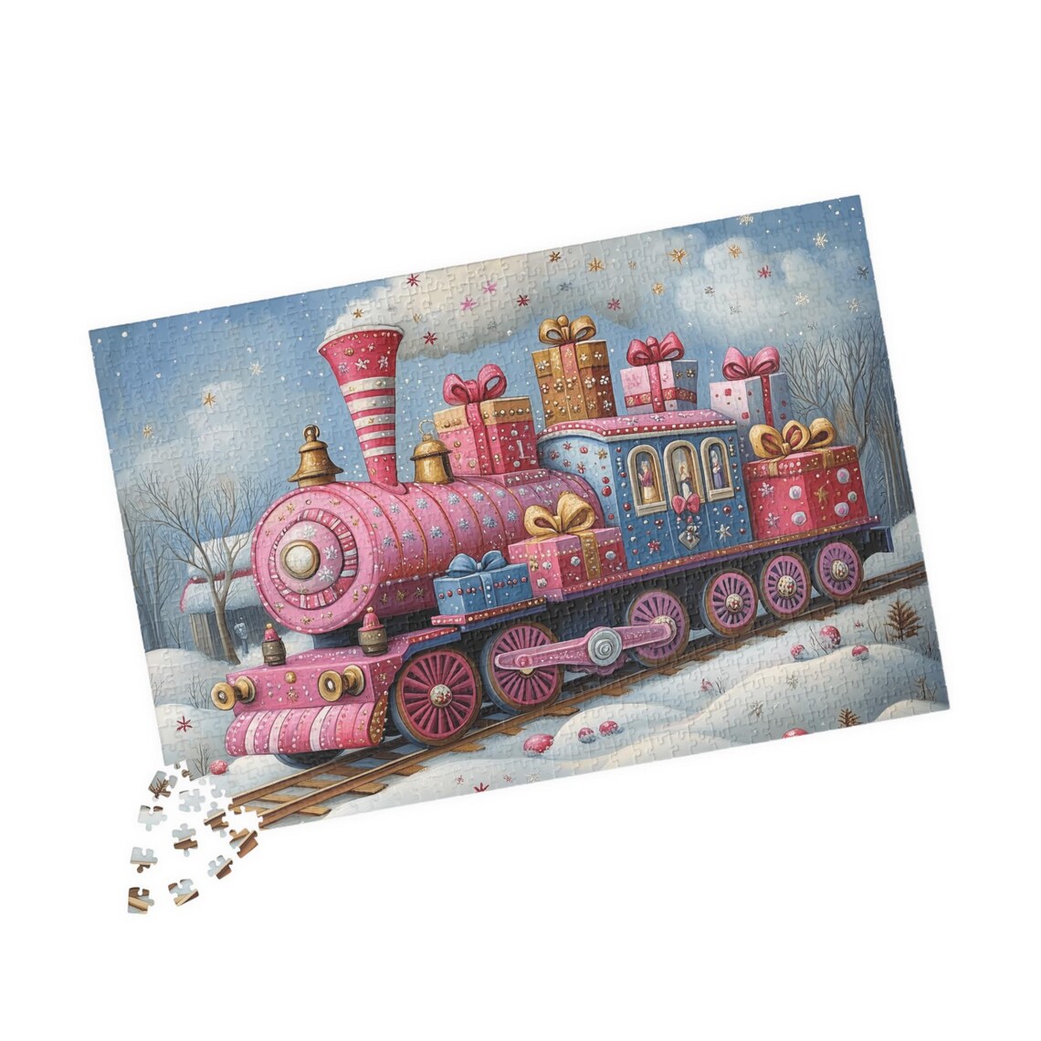 Whimsical Pink And Blue Christmas Train With Gifts Art Poster - Image 4