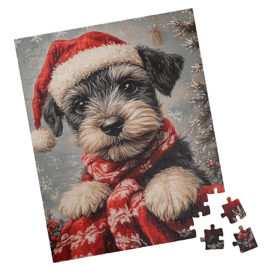 Schnauzer Puppy in Santa Hat and Red Scarf Christmas Dog Poster
