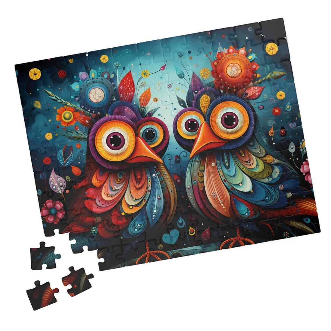 Pair of Colorful Psychedelic Birds With Big Round Eyes Poster