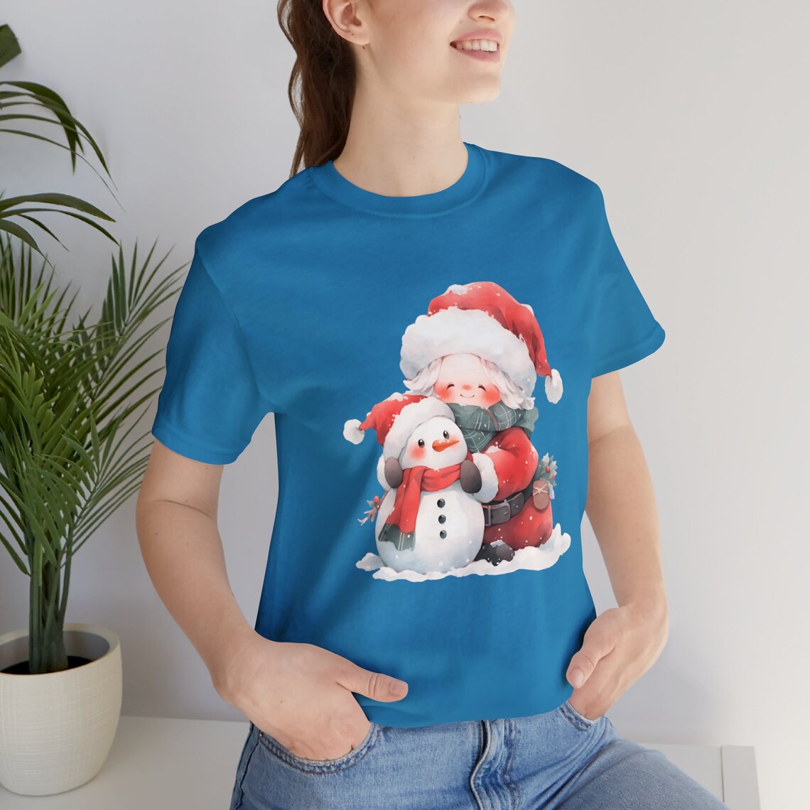 Cute Santa Girl Hugging Snowman Cozy Watercolor Christmas Art Poster - Image 4