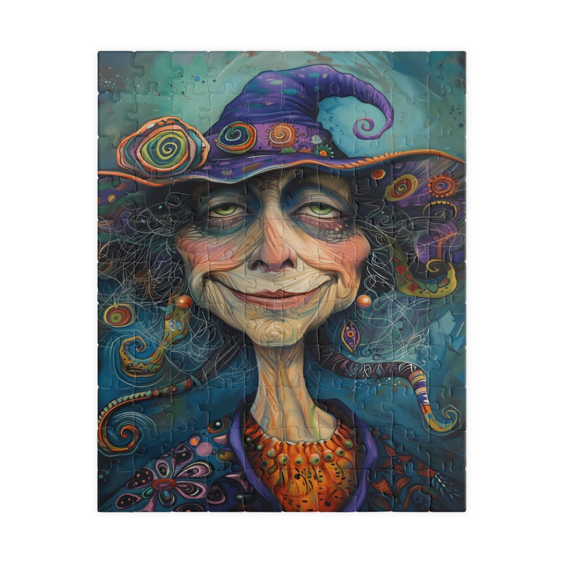 Whimsical Smiling Witch Portrait Colorful Jigsaw Puzzle Print - Image 5