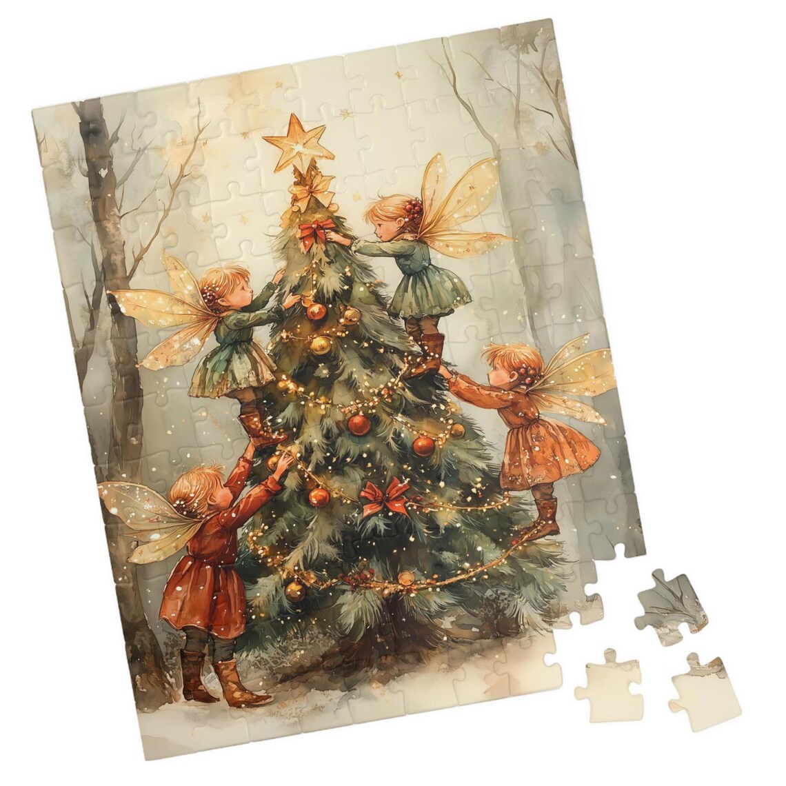 Fairies Decorating A Christmas Tree Watercolor Art Print