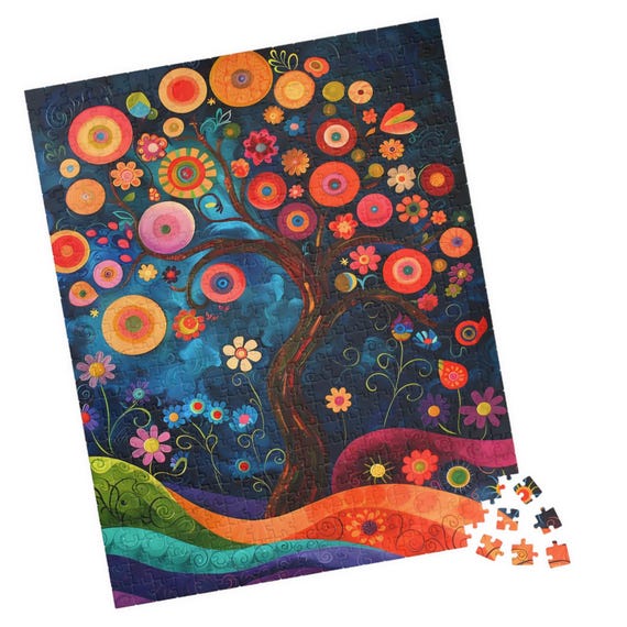 Colorful Folk Art Tree Jigsaw Fantasy Landscape Puzzle Fun Tech Free Family Activity Great Gift For Birthdays Get Well Or Nursing Homes