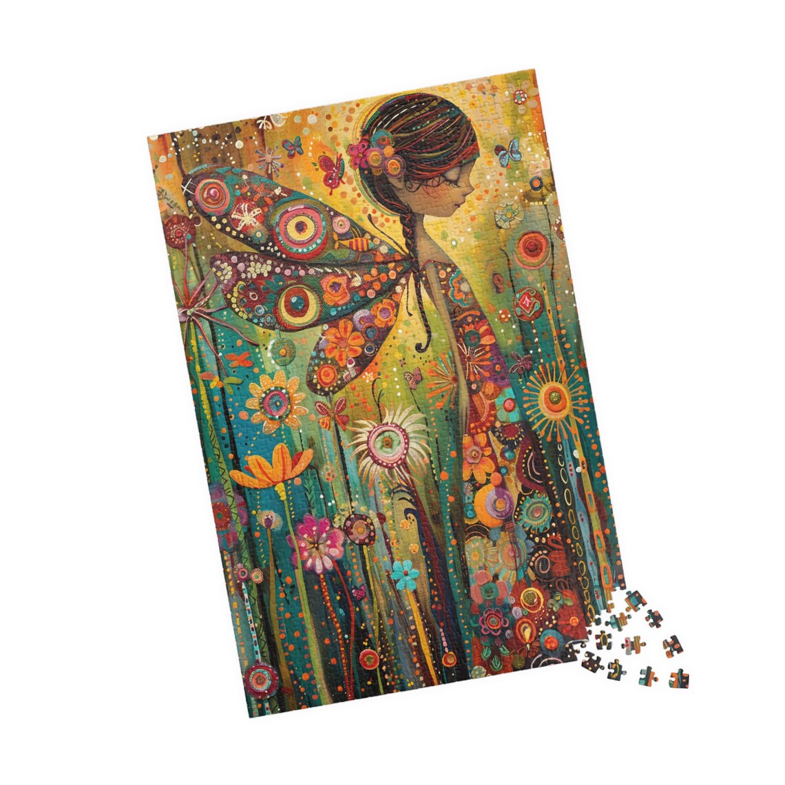 Whimsical Fairy Girl With Ornate Patterned Wings in Flower Field Poster - Image 4