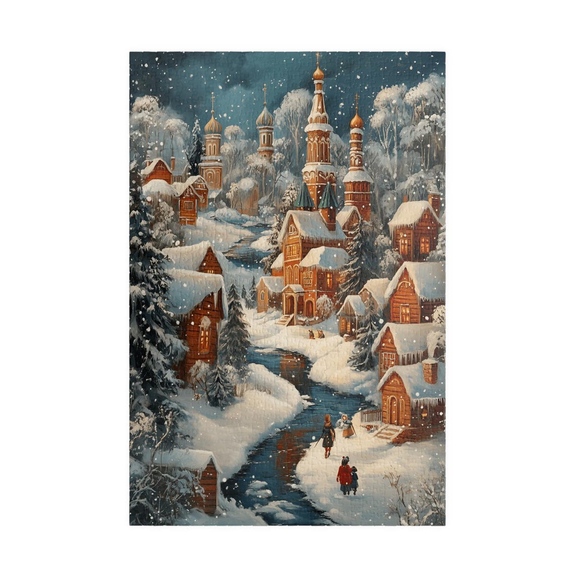Russian Winter Village With Onion Dome Churches Night Art Poster - Image 3