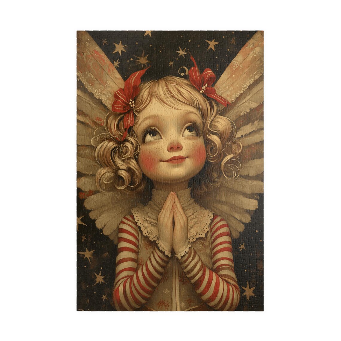 Little Angel Girl With Red Bows Praying Beneath Golden Stars Poster - Image 3