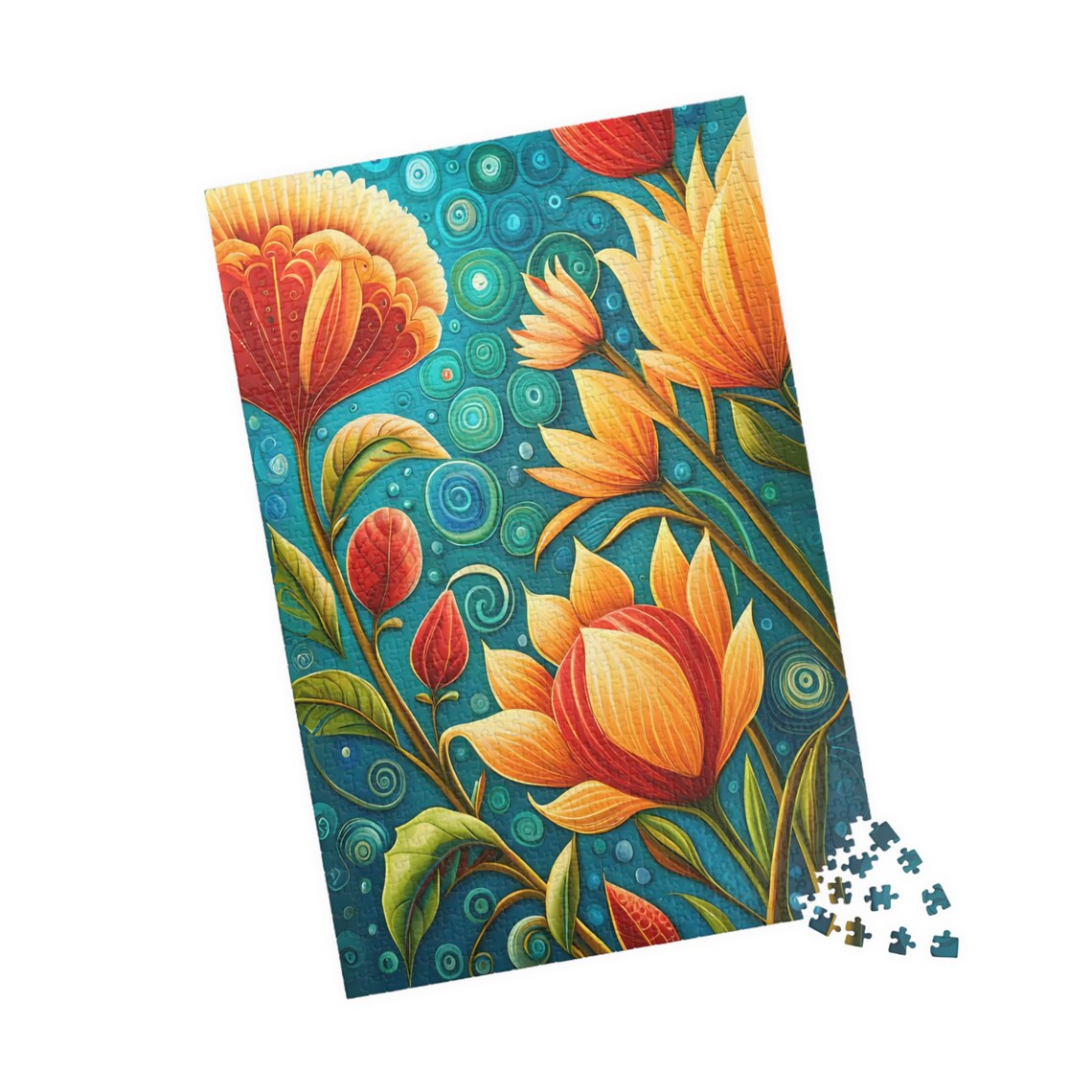 Stylized Orange Fantasy Flowers On Teal Boho Botanical Folk Art Poster - Image 4
