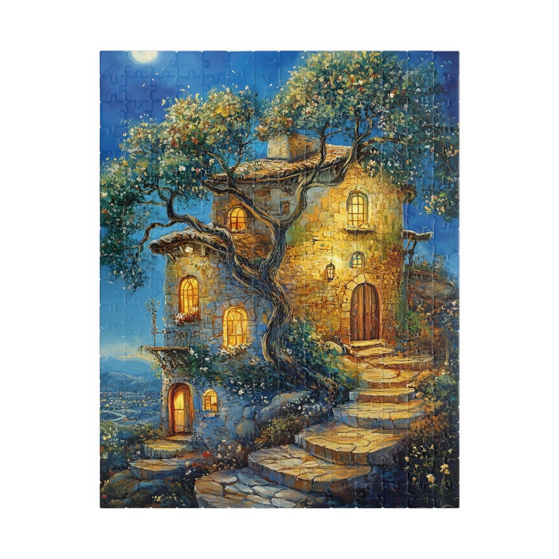 Moonlit Stone Cottage With Glowing Windows Under The Stars Art Print - Image 5