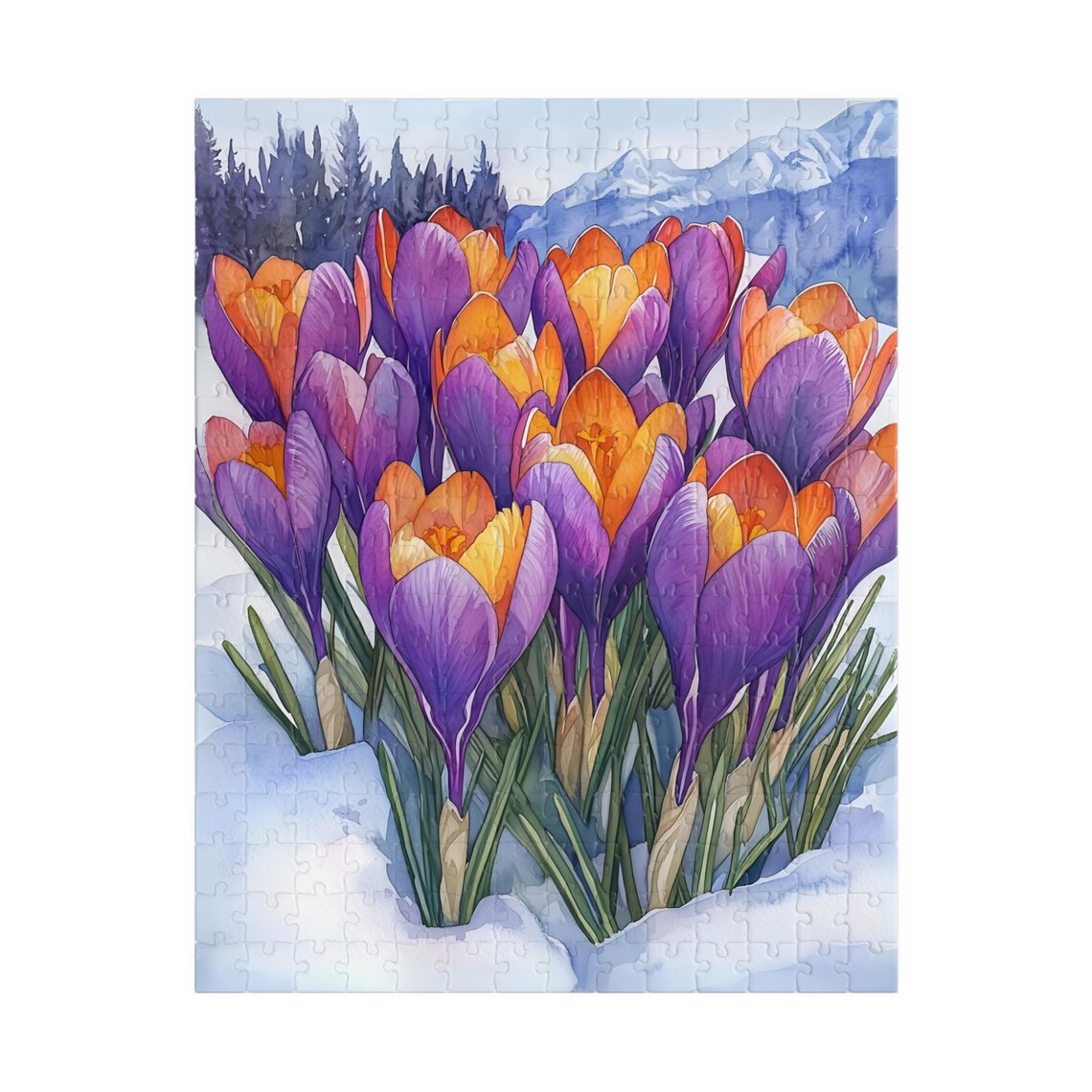 Purple Crocus Flowers In Snow Mountain Scene Jigsaw Puzzle Print - Image 5