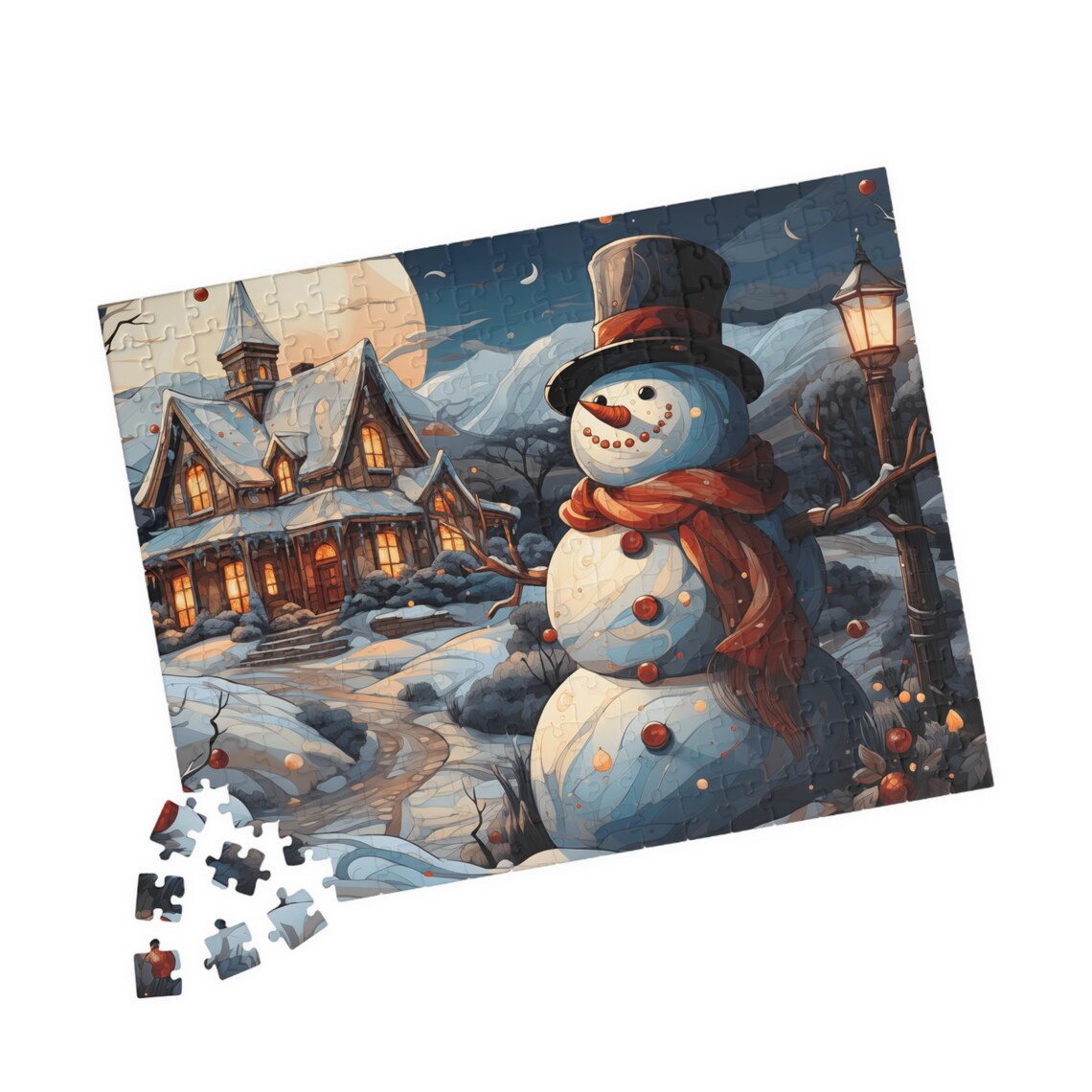 Cheerful Snowman In Top Hat By A Snowy Village House Night Print - Image 4