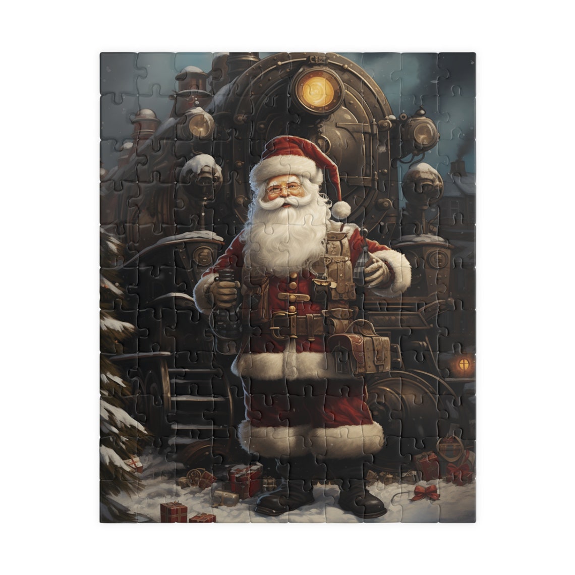 Steampunk Santa Claus Standing Before Vintage Train Art Poster - Image 5