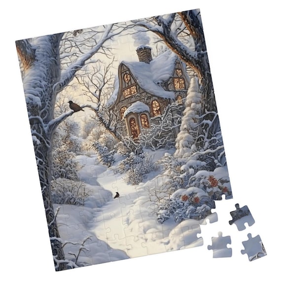 Snowy English Stone Cottage in a Winter Wonderland Forest Scene Poster