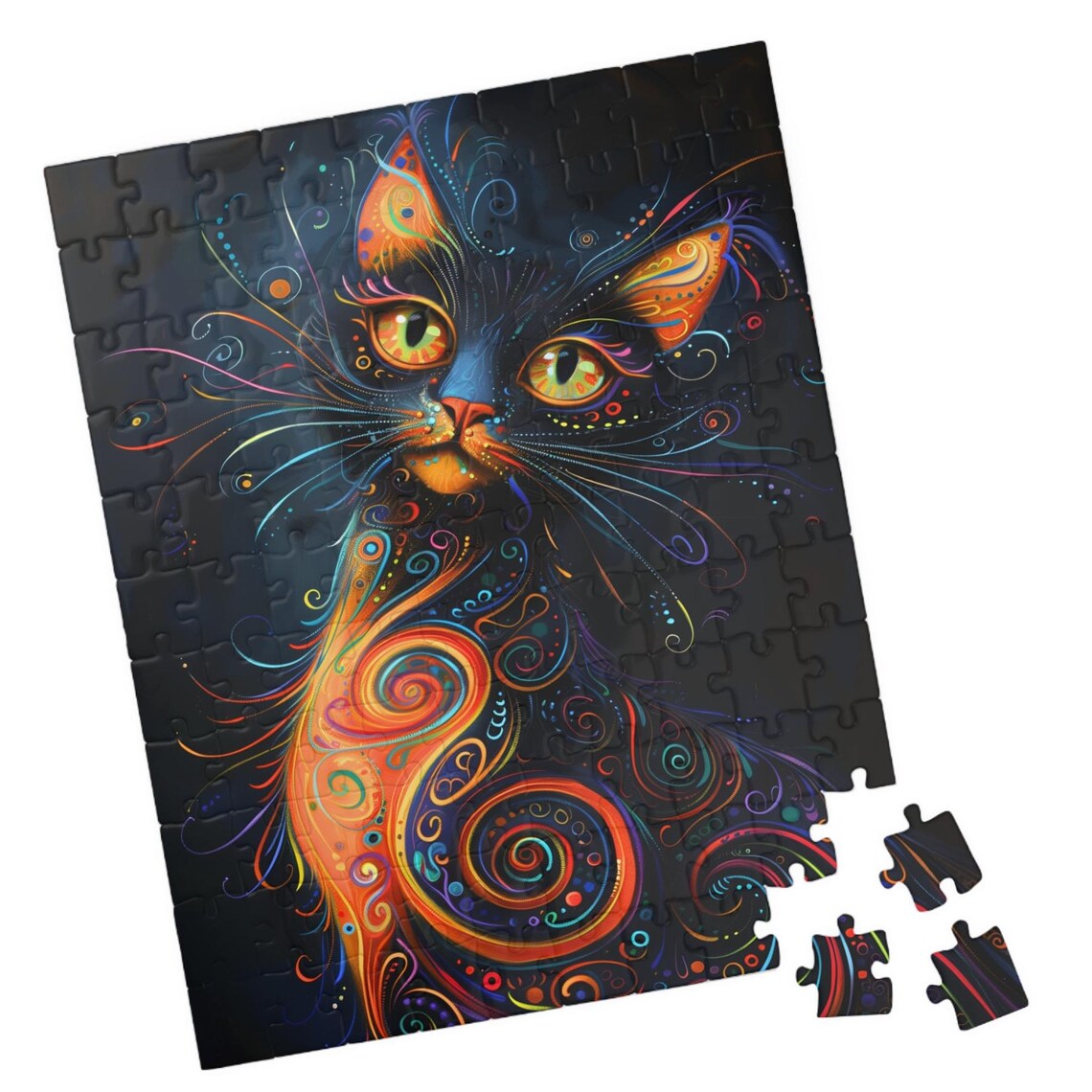 Festive Black Cat Puzzle Art Print, Holiday Cat