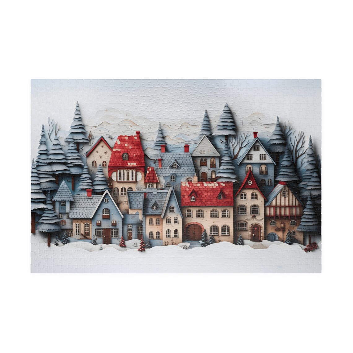 Paper Cut Snowy Village Red Roof Houses Winter Folk Art Poster - Image 5