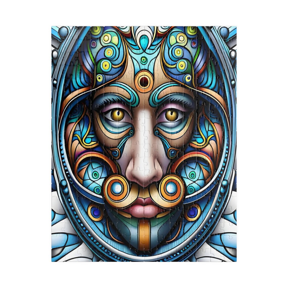Psychedelic Woman Face with Swirling Blue and Gold Patterns Print - Image 5