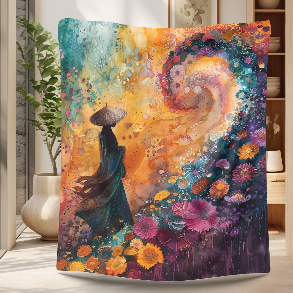 Watercolor Wanderer With Conical Hat Among Flowers Art Poster