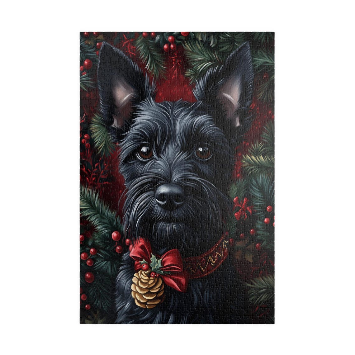 Black Scottish Terrier with a Red Holiday Bow in Pine Branches Print - Image 3