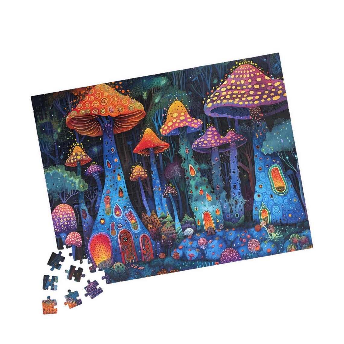 Enchanted Neon Glowing Mushroom Fairy Houses Night Forest Poster - Image 4