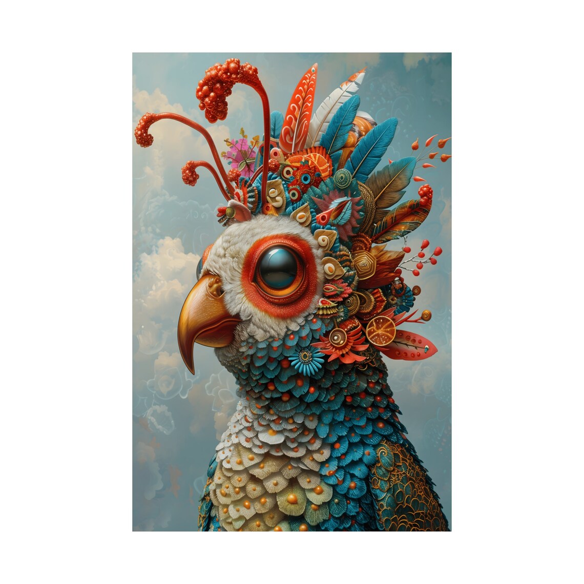Whimsical Colorful Fantasy Bird with Floral Feathered Crest Art Poster - Image 3