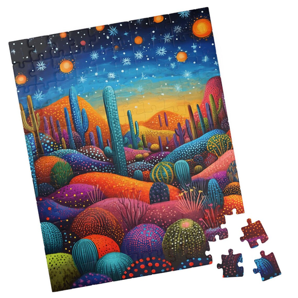 Magical Desert Cactus Folk Art Colorful Night Dotted Landscape Poster