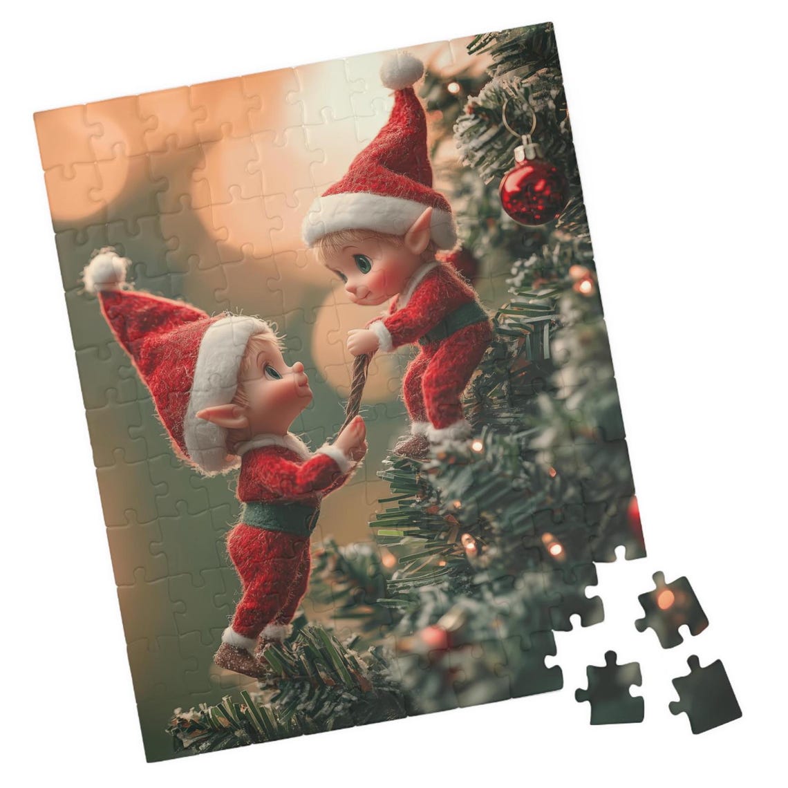 Two Cute Christmas Elves Pulling Garland On A Tree Art Print