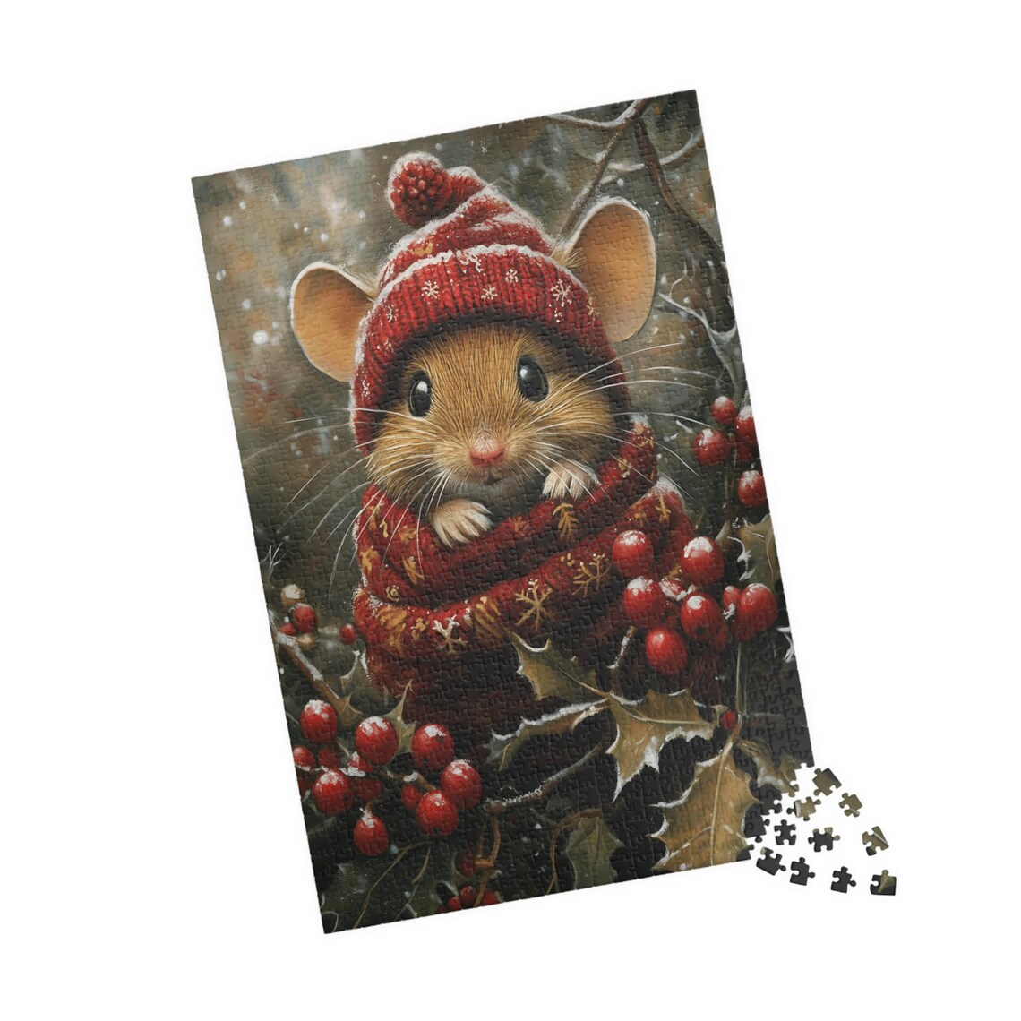 Mouse in Red Knit Hat and Scarf Among Holly Berries Winter Art Poster - Image 4