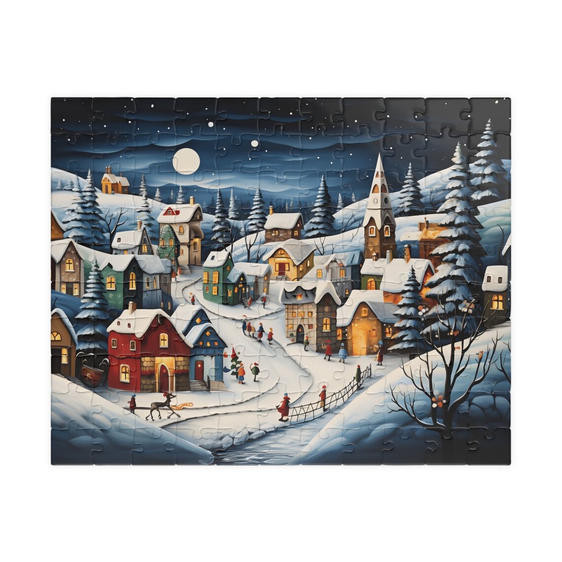Moonlit Winter Village Folk Art Glowing Cottages Snowy Night Poster - Image 3