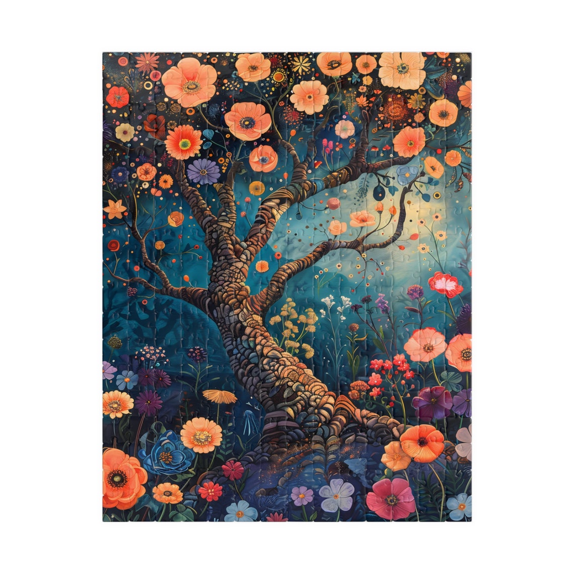 Vibrant Tree of Life Blooming Orange Flowers Night Sky Poster - Image 2