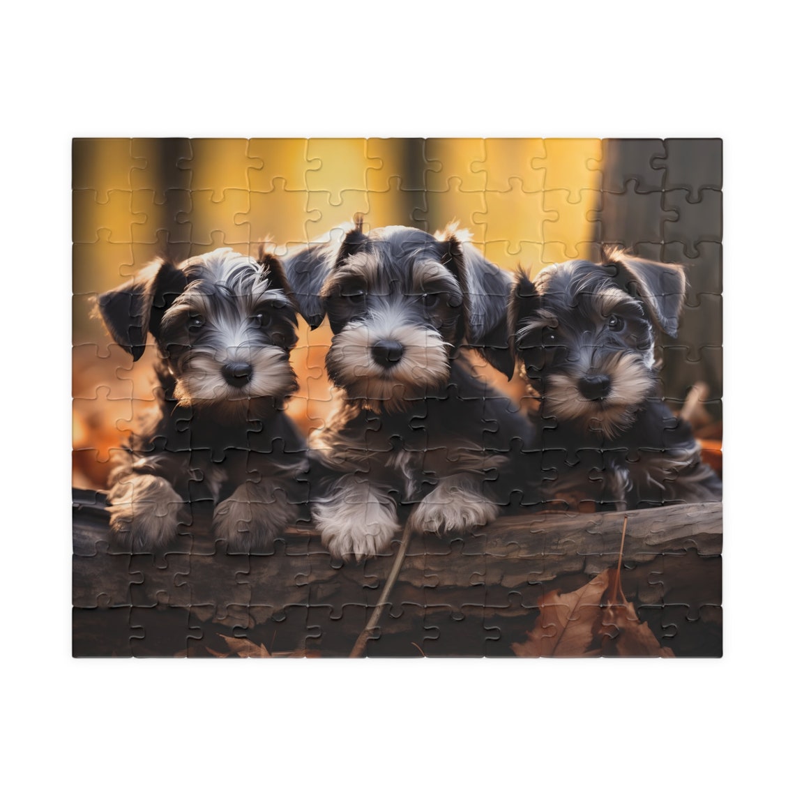 Three Salt and Pepper Schnauzer Puppies on a Log Autumn Poster - Image 3