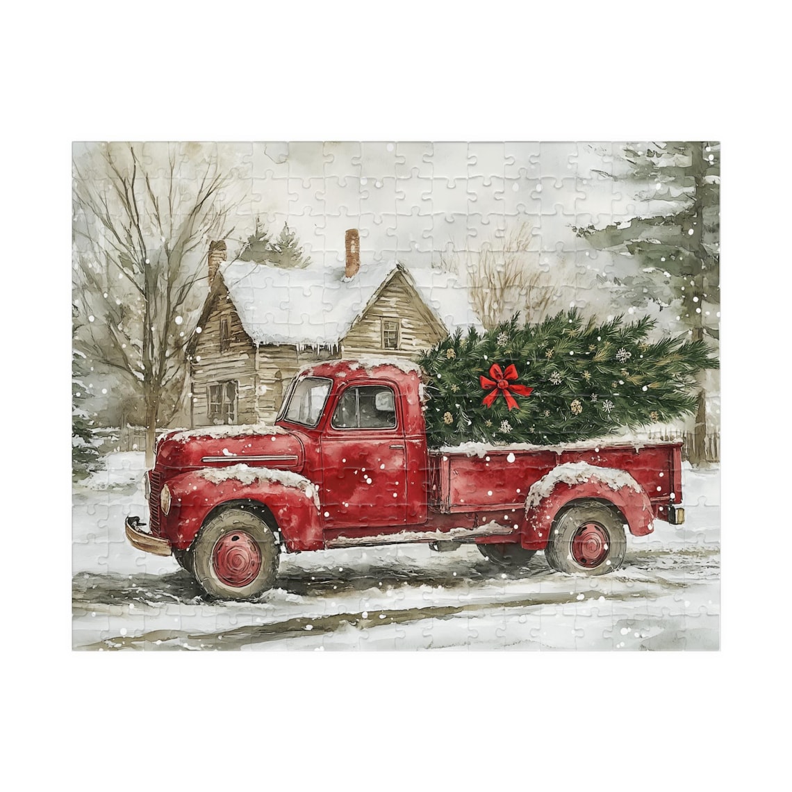 Vintage Red Truck with Christmas Tree Snowy Country House Poster - Image 3