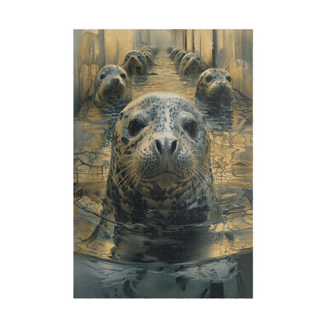 Curious Seals Swimming in Golden Sunlit Water Close Up Art Print - Image 3