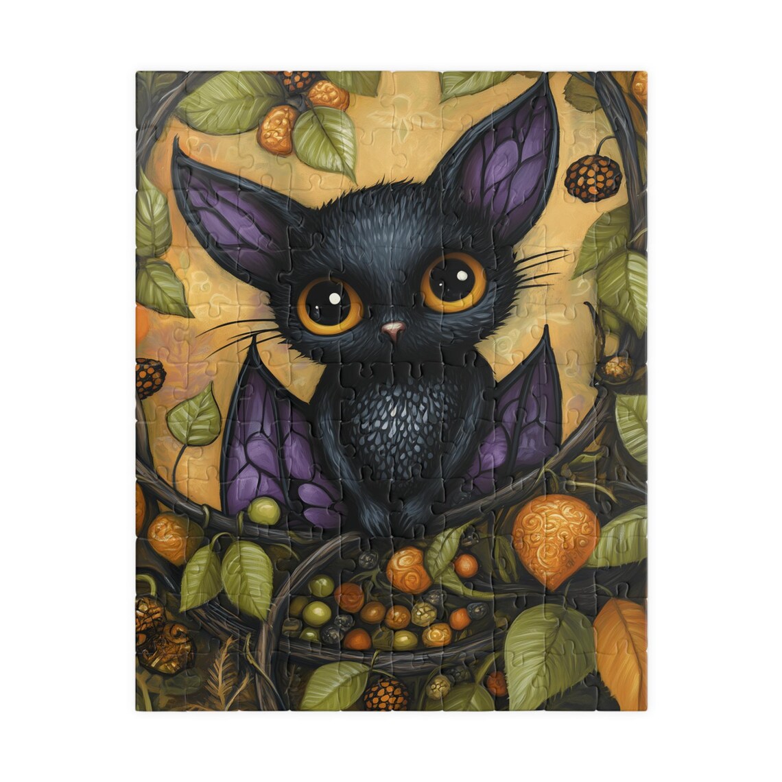 Cute Black Bat With Big Orange Eyes And Purple Wings Autumn Art Poster - Image 5