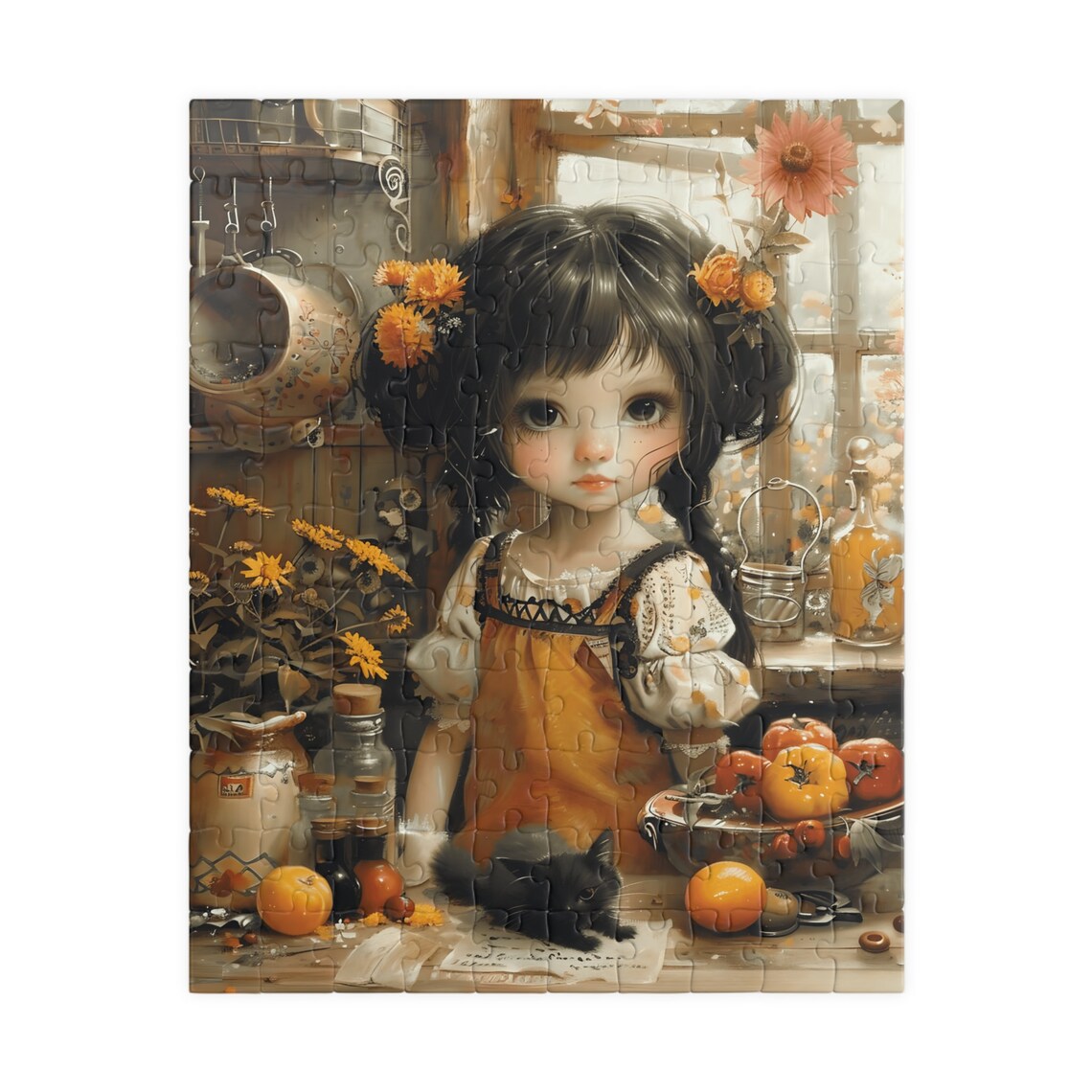 Little Girl in Rustic Fall Kitchen with Black Kitten and Harvest Poster - Image 5