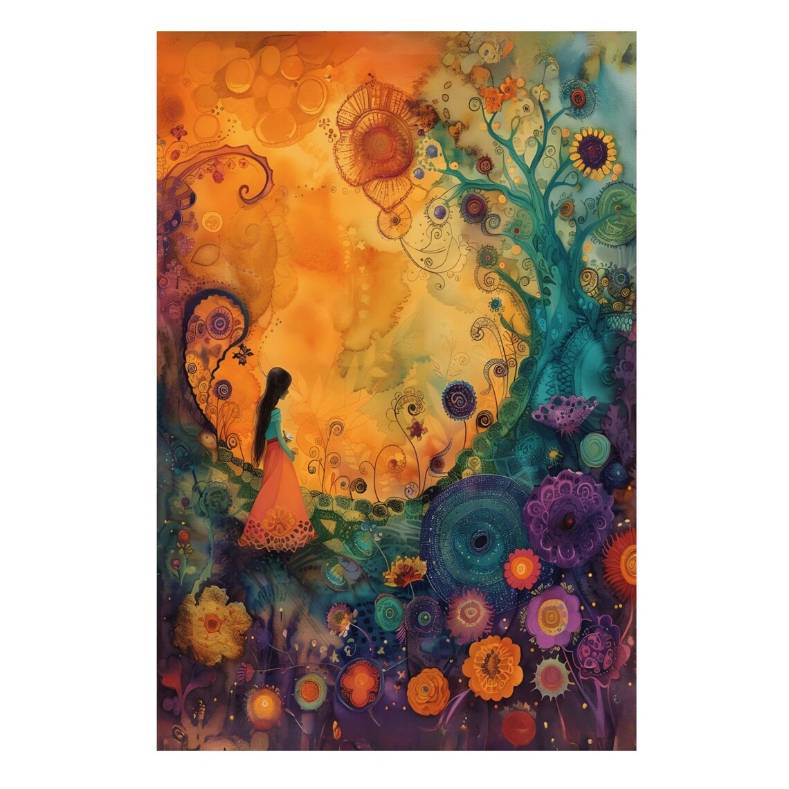 Girl in Red Dress Wandering a Whimsical Floral Garden Poster - Image 3