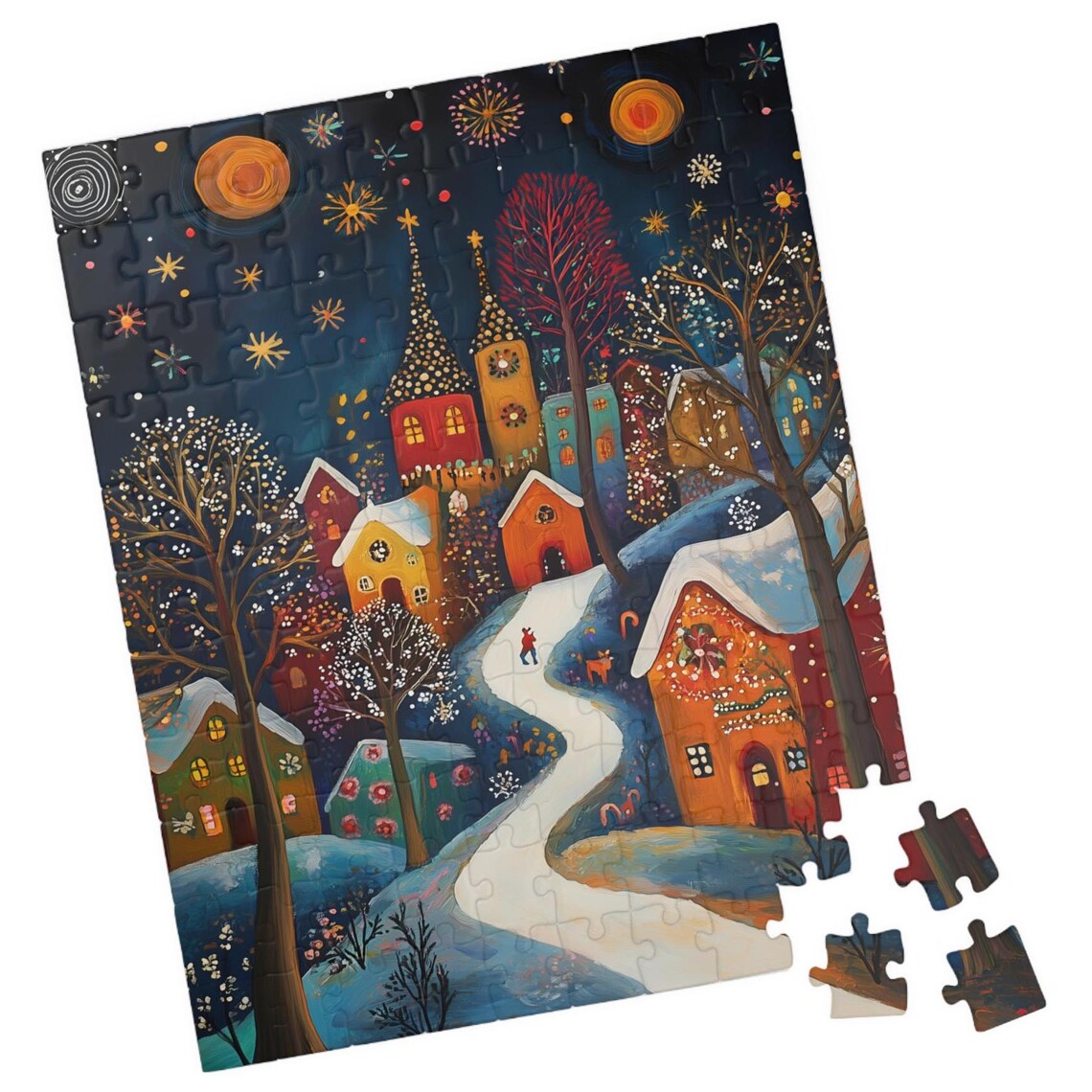 Snowy Village Night Folk Art Glowing Church Spires and Moon Poster