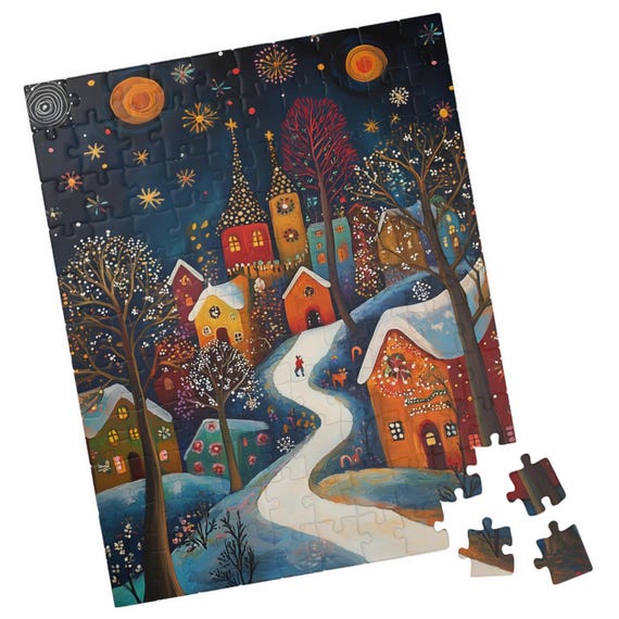 Folk Art Snowy Village At Night Jigsaw Whimsical Snowy Town Puzzle Gift For Holidays Birthdays Get Well And Nursing Homes Tech Free