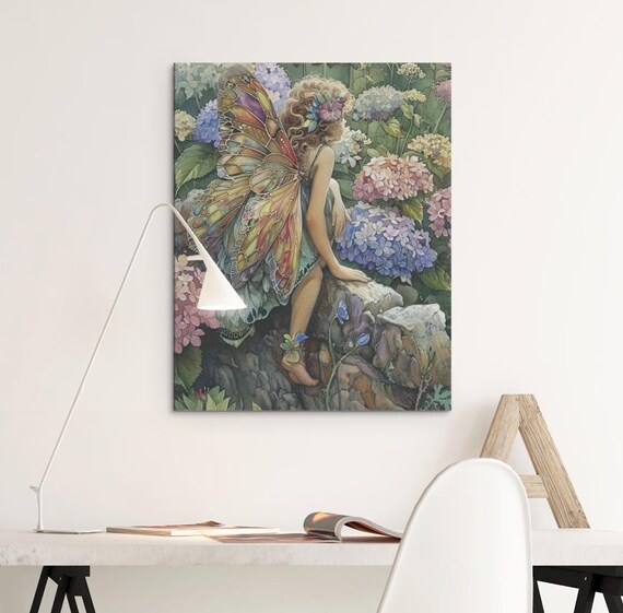 Hydrangea Garden Fairy Stained Glass Wings Floral Watercolor Poster