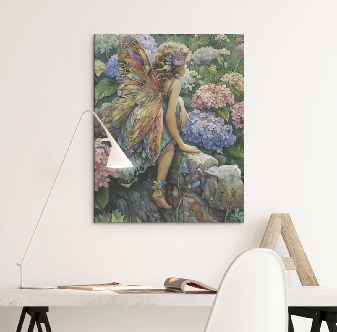 Hydrangea Garden Fairy Stained Glass Wings Floral Watercolor Poster