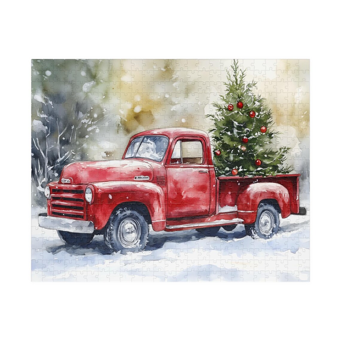 Vintage Red Pickup Truck Carrying A Christmas Tree In Snow Art Print - Image 2